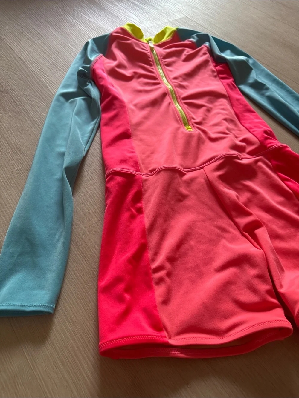 Crewcuts Kids Long-Sleeve One-Piece Rash Guard Swimsuit - Neon Coral & Aqua